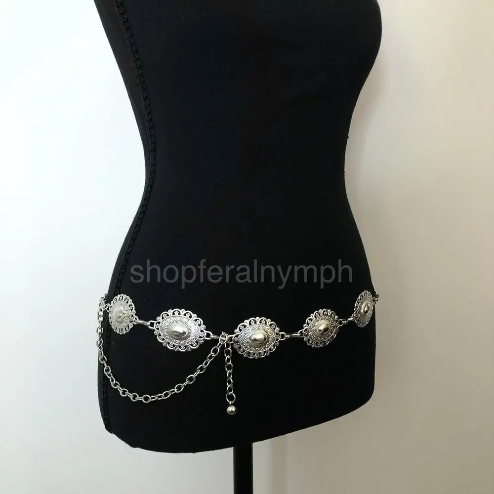 Y2K Boho Silver Ornate Oval Concho Chain Belt, Fits 25.5-45 Inches, X7GA1151